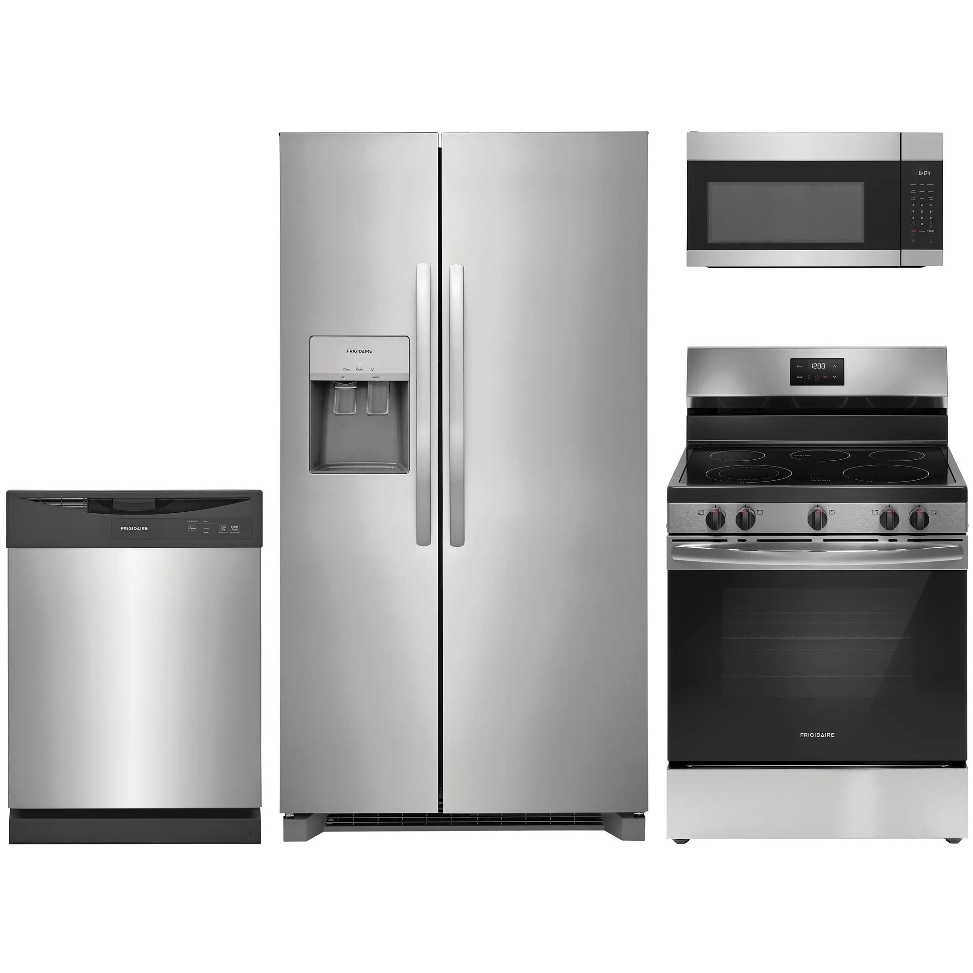 4 Piece Stainless Steel Package with Standard Depth Side-by-Side Refrigerator and Electric Range