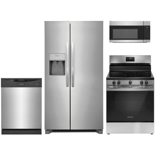 4 Piece Stainless Steel Package with Standard Depth Side-by-Side Refrigerator and Electric Range