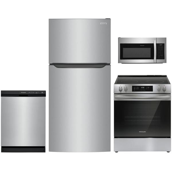 4 Piece Stainless Steel Package with Top Freezer Refrigerator and Electric Range