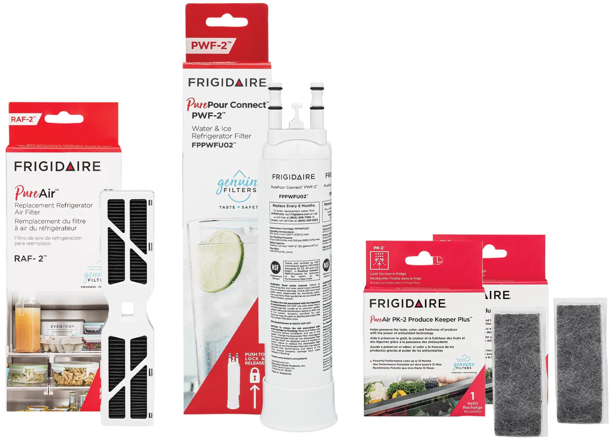 FPPWFU02, FRGPAAF2, and (2) FRPAPK2RF Water and Air Filter Combo Kit with Produce Keeper Plus