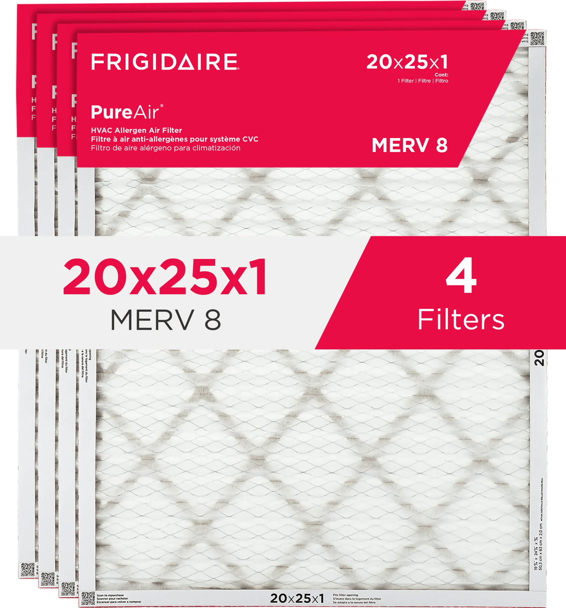 PureAir®   20" x 25" x 1" MERV Allergen 8 Air Filter - 4 Pack