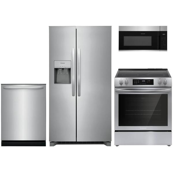 4 Piece Stainless Steel Package with Standard-Depth Side-by-Side Refrigerator and Electric Range