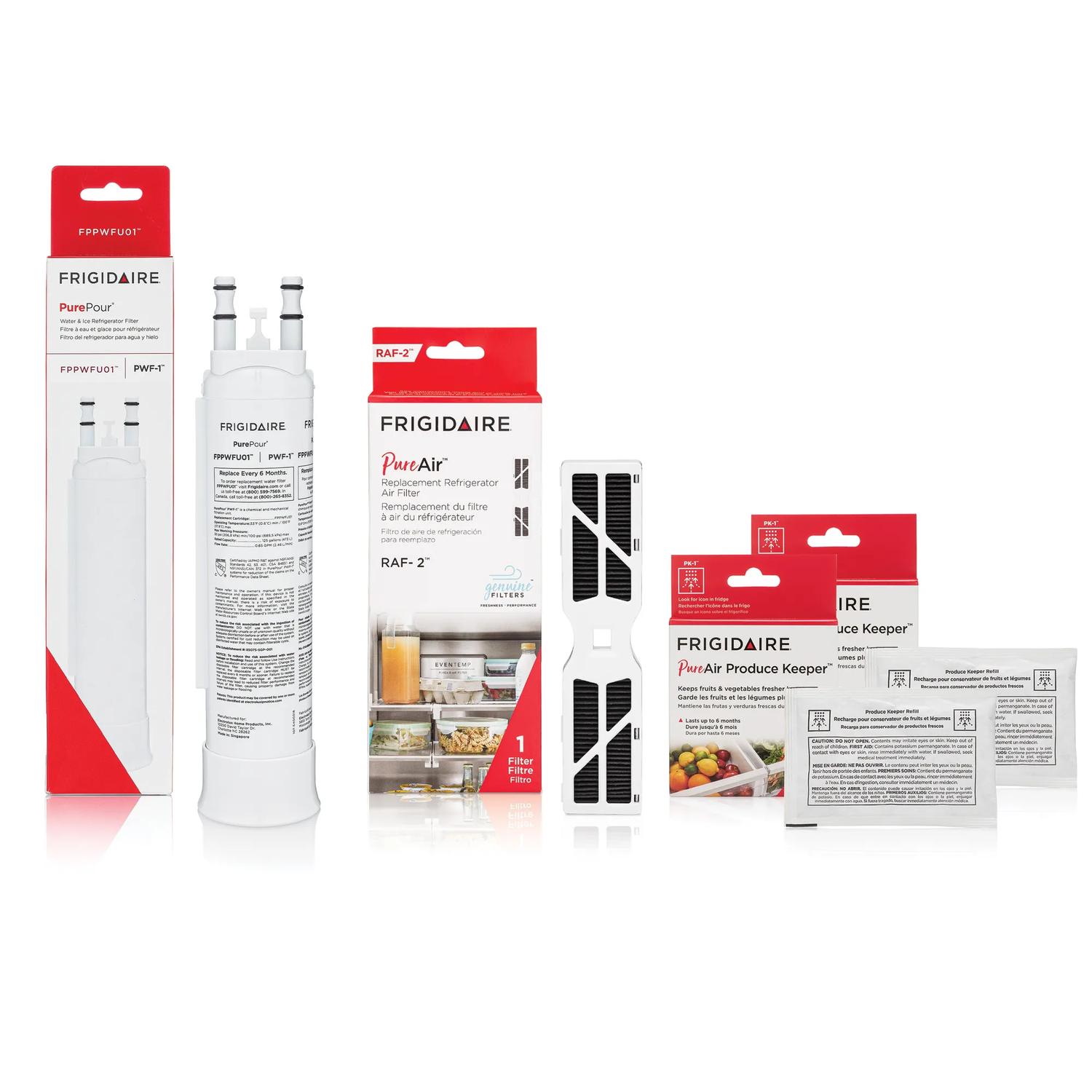 Frigidaire - FPPWFU01, FRGPAAF2, and (2) FRPAPKRF Water and Air Filter Combo Kit with Produce Keeper