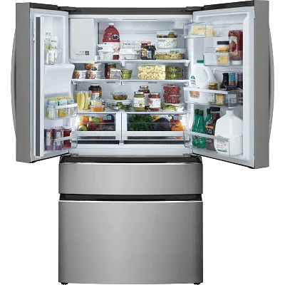 open and stocked French Door refrigerator 