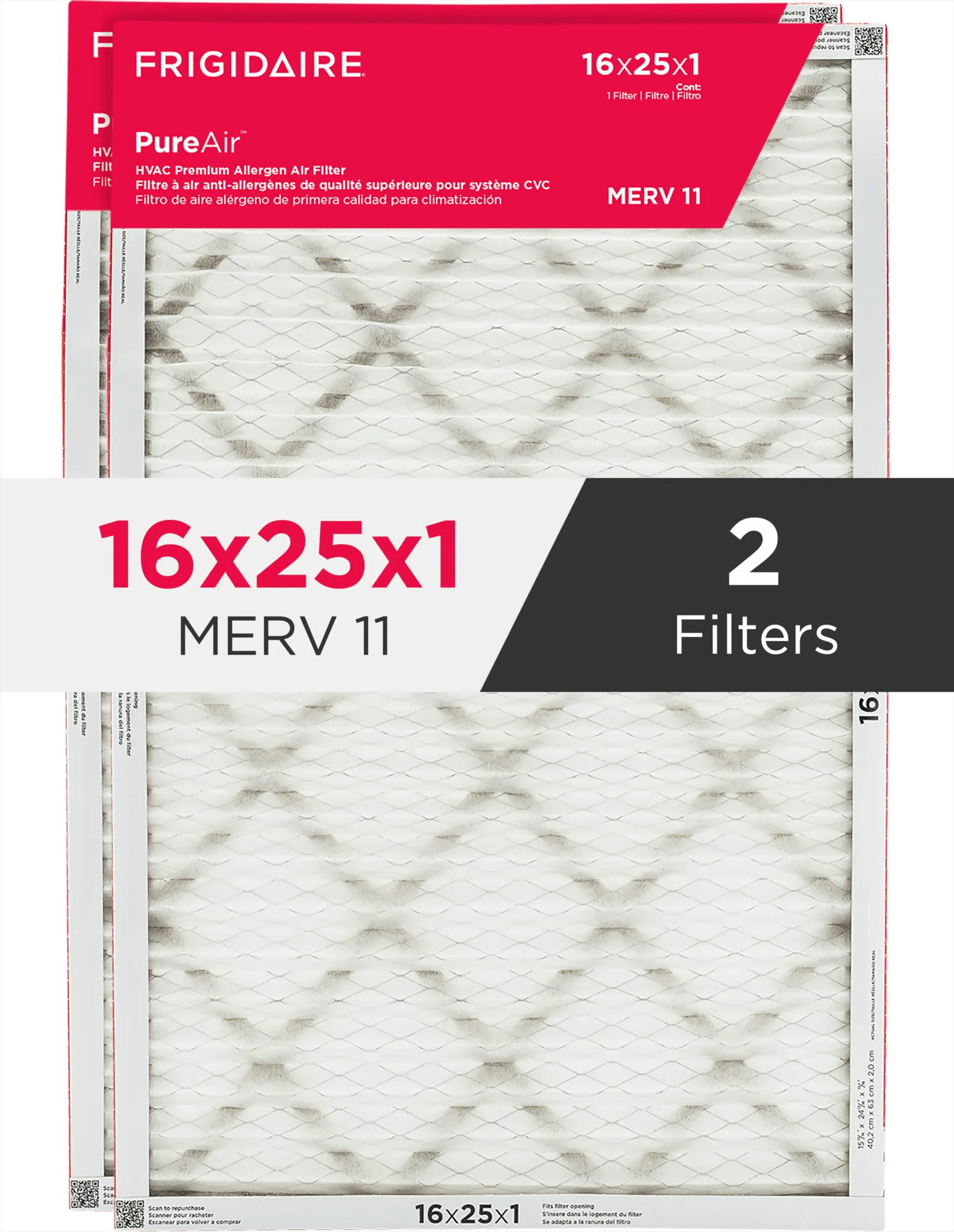 PureAir®  16" x 25" x 1" MERV 11 Premium Allergen Air Filter -  2 Pack