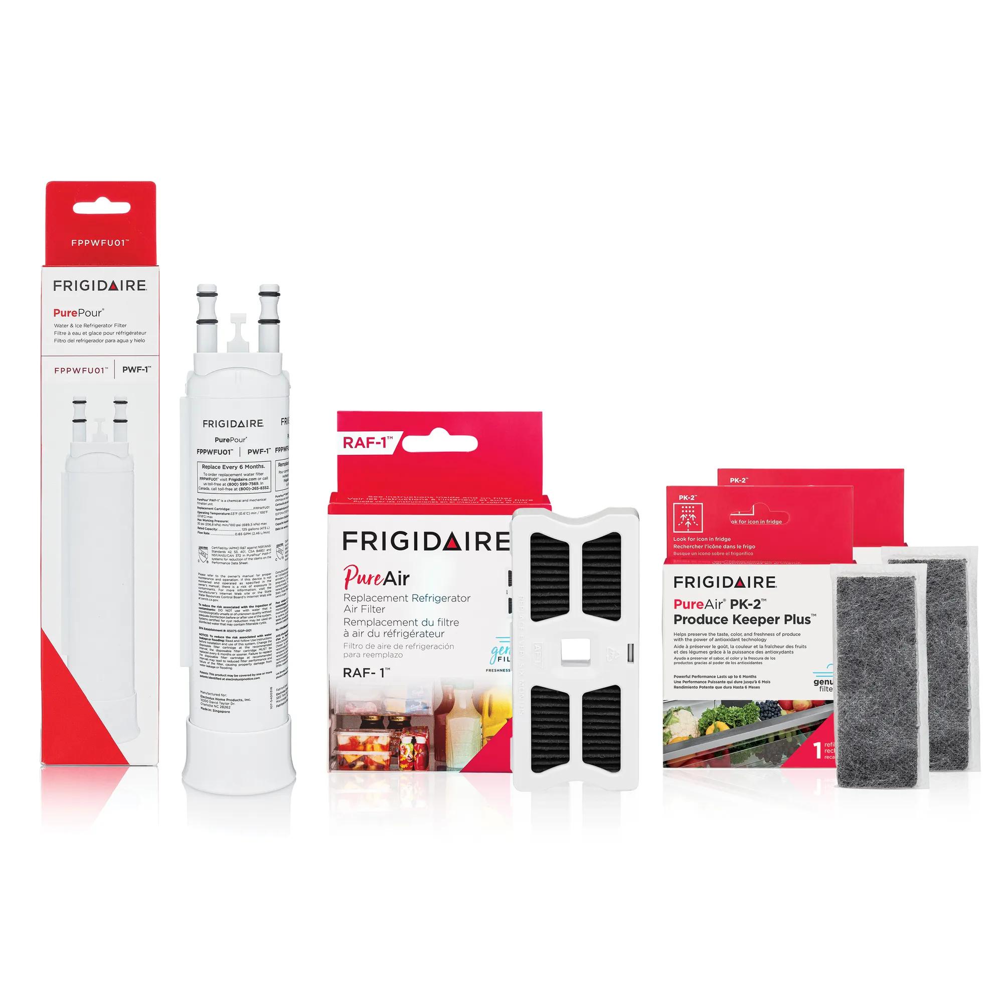 FPPWFU01, FRGPAAF1 and (2) FRPAPK2RF Water Filter and Air Filter Combo Kit with Produce Keepers
